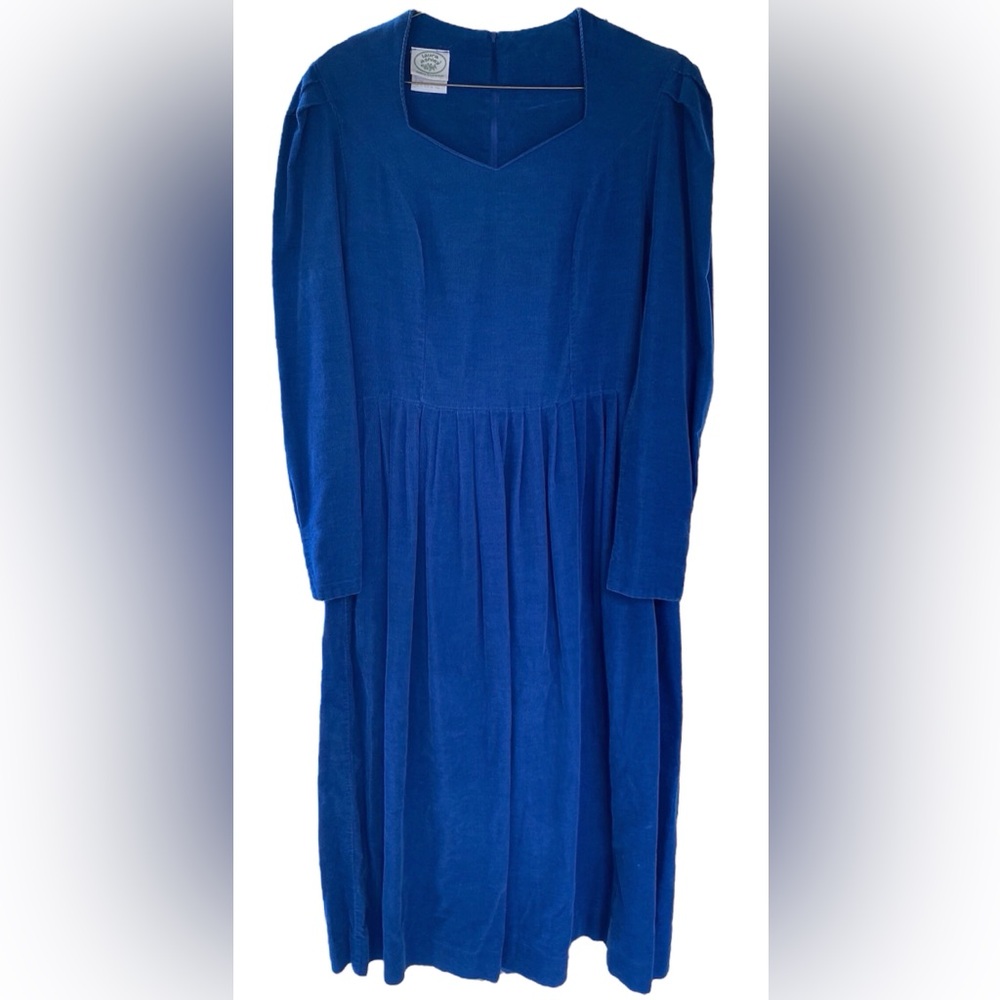 Laura Ashley 1980s Vintage Blue Corduroy Prairie Dress Size 10 Puff Sleeve